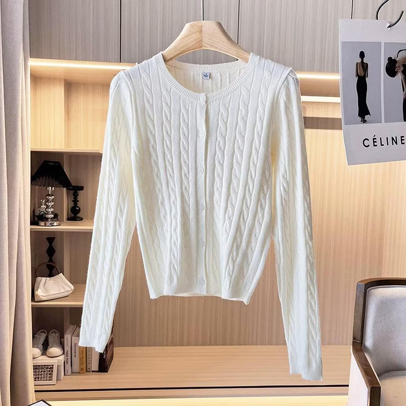 商场同款女装纽花圆领针织开衫长袖外套休闲时尚百搭空调衫471612 乳白色71612 S