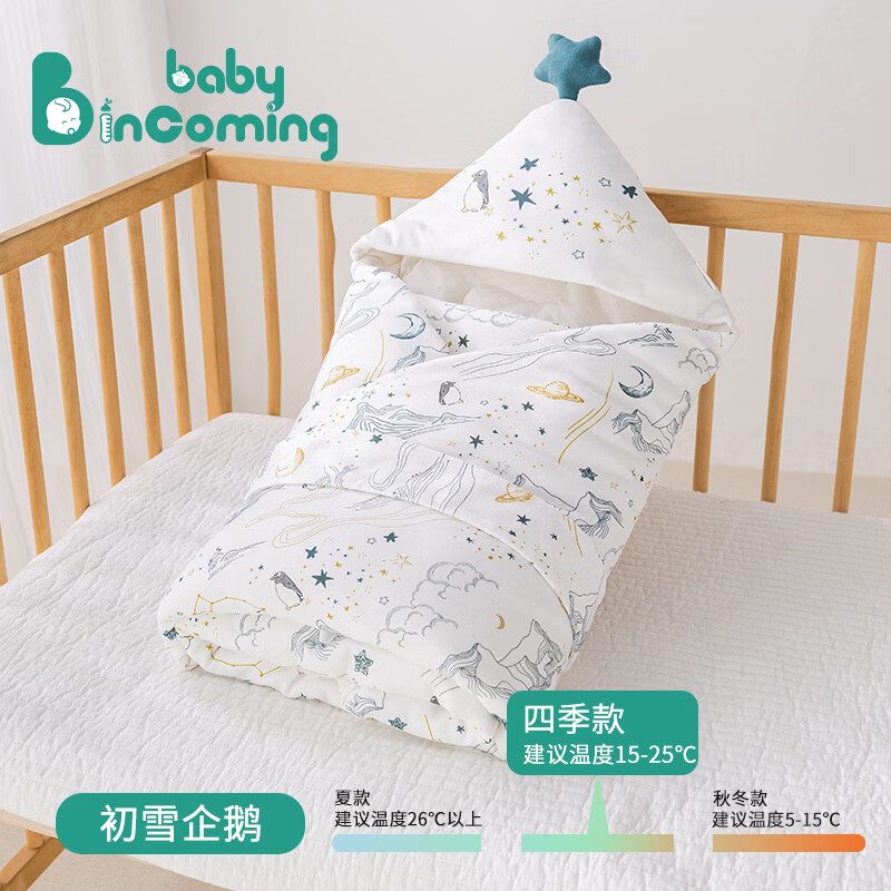 babyincoming蓓茵可新生儿包被宝宝婴儿秋冬厚纯棉A类桑蚕丝抱被产房四季盖被 初雪企鹅400g【桑蚕丝产房专用】
