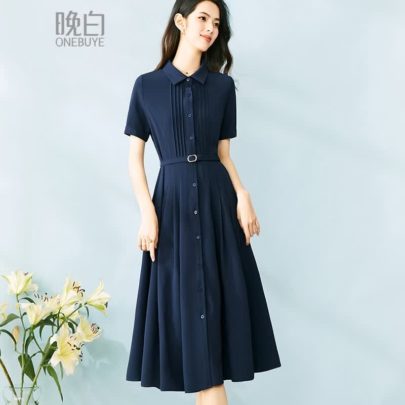 晚白【新品】2026年夏款气质翻领衬衫裙垂顺抗皱系带收腰连衣裙 深蓝色 XL