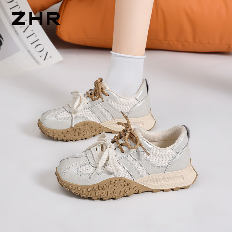 ZHR则则德训鞋女2026春季新款透气休闲鞋女厚底增高轻便女鞋 米杏色 37
