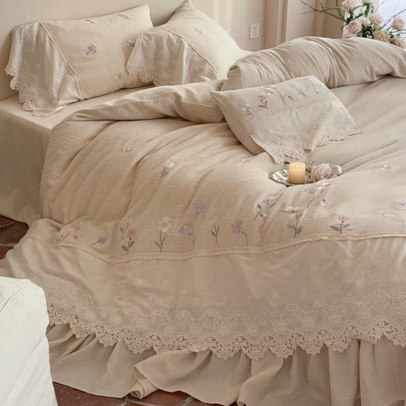 ROLAND LIVE法式公主风棉麻刺绣四件套蕾丝花边被套少女心透气春夏床上用品 MX 棉麻刺绣四件套-兰知春序白 1.5米床 床单款 【被套200*230cm】