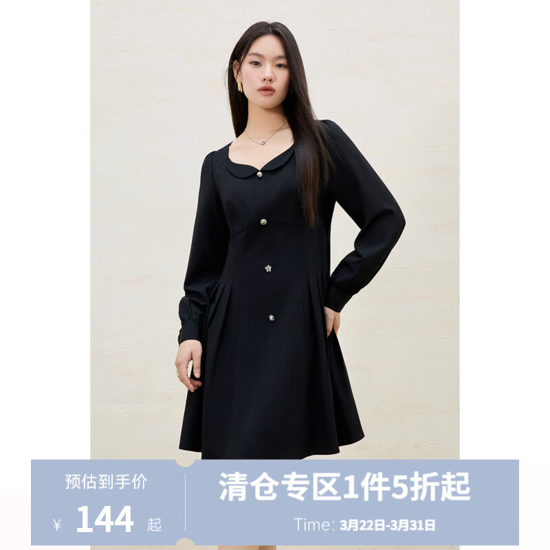独束大码女装法式赫本风方领连衣裙女2025春装收腰显瘦小黑裙 赫本黑 M （尺码：1）