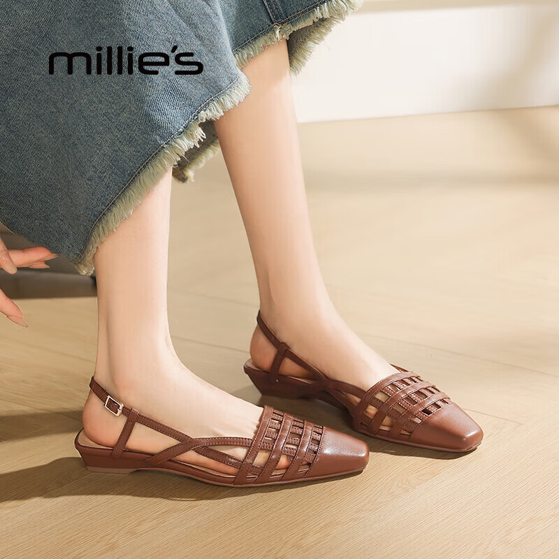 妙丽（Millies）凉鞋女低跟编织真皮时尚浅口搭扣2026春季新款百搭气质一字带凉鞋 棕色 35 (225mm) 标准码