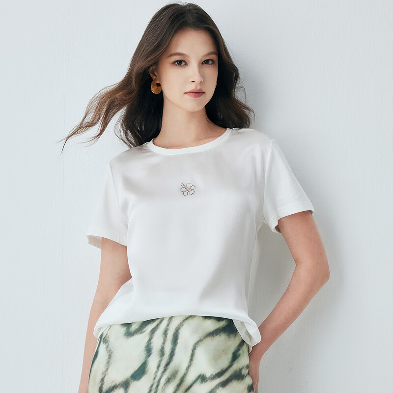 帕罗（PALUOPO）2026春夏季新款简约休闲百搭烫钻AB版真丝短袖T恤女白色打底小衫 白色 【预售4/15发货】 XL 170/92A