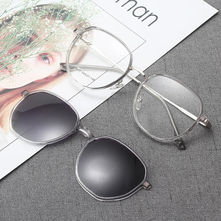 胖东来同款太阳镜偏光镜夹片多边形框女磁吸式偏光防风防晒彩膜 套镜+配1.74镜片(备注度数和颜色