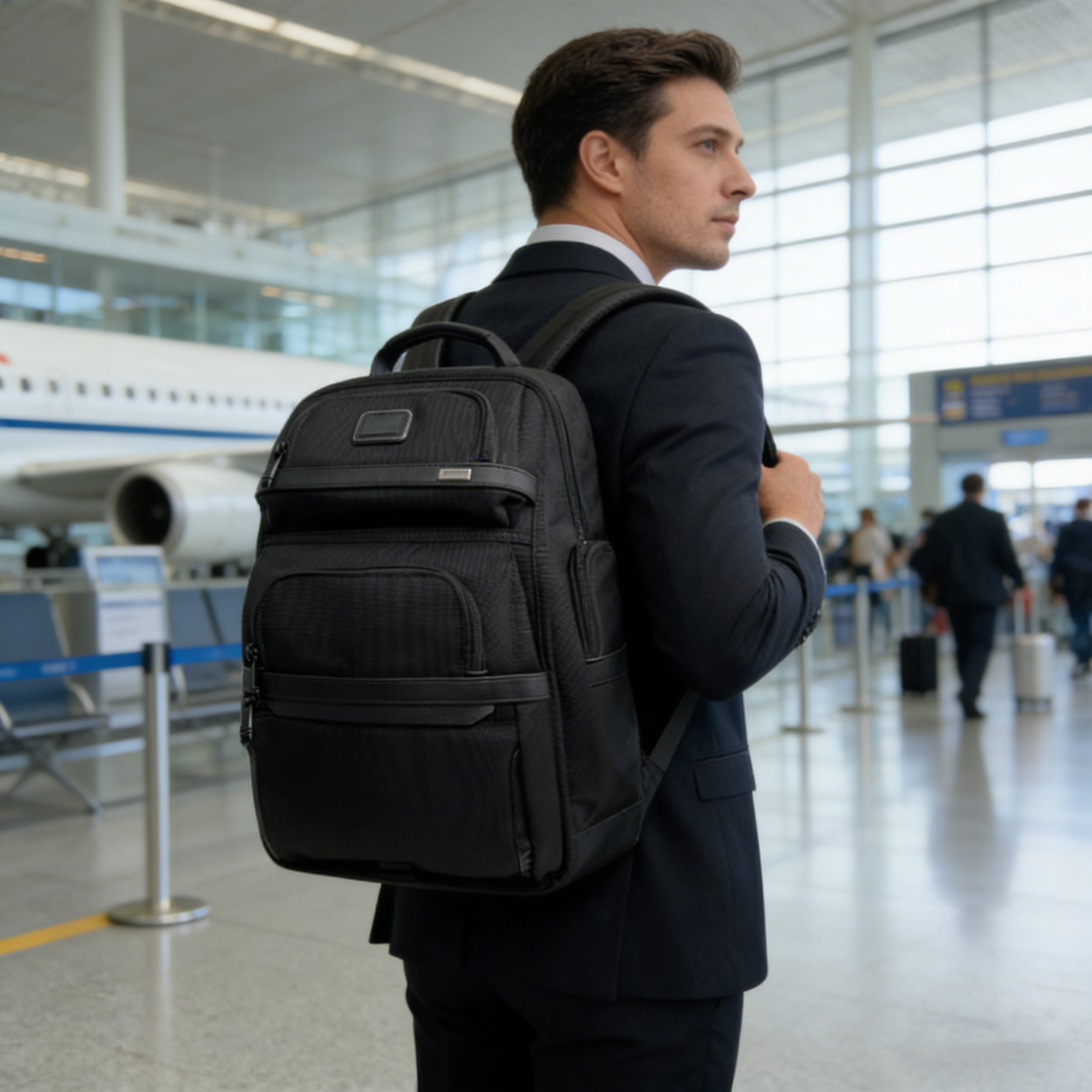 弹道尼龙男士双肩包经典多隔层大容量商务通勤旅行16寸电脑背包 580半开黑色 578灰色全开