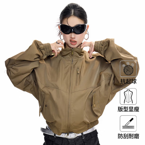 ICH MODE美式立领女士外套短款女春季新款流行休闲工装夹克上衣服卡其色 L