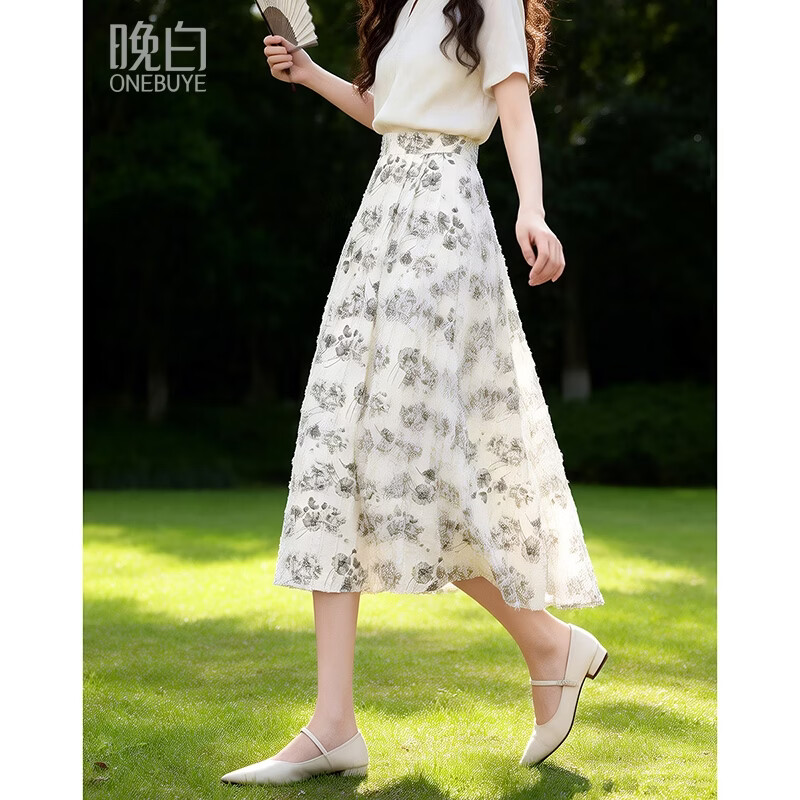 晚白2026年春款时尚优雅水墨印花半裙后松紧舒适显瘦大摆带口袋半身裙 米白色 M