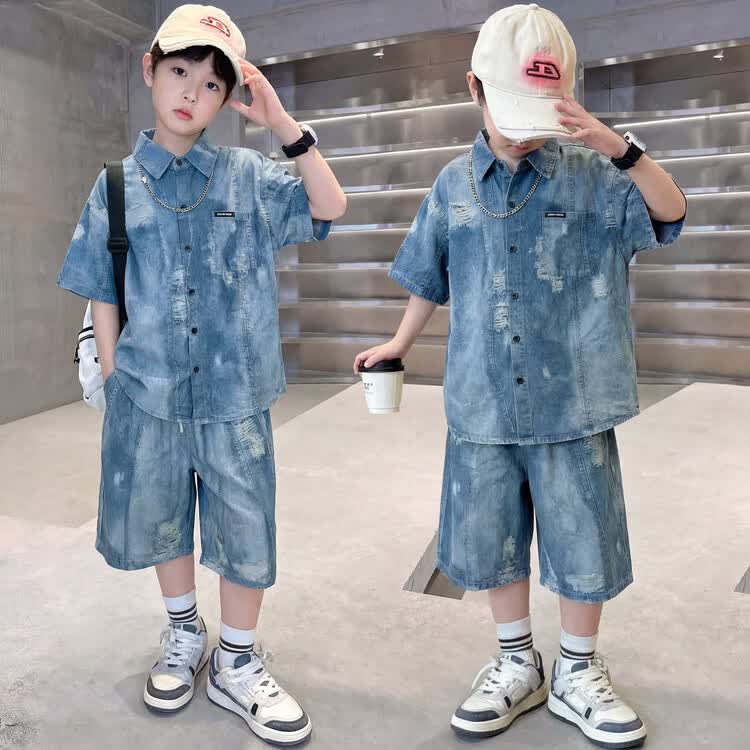 G.duck男童套装夏季2026新款帅气儿童天丝短袖洋气时髦中大童衬衫短裤潮 仿牛仔衬衫套装 130