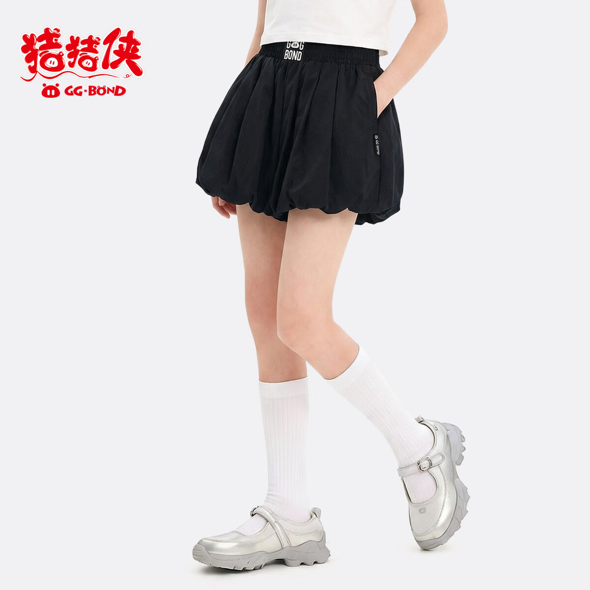 猪猪侠（GG·BOND）美式芭蕾风花苞蓬蓬短裤韩版仙气显高云朵裤百搭a字女防走光短裙 檀木黑 140