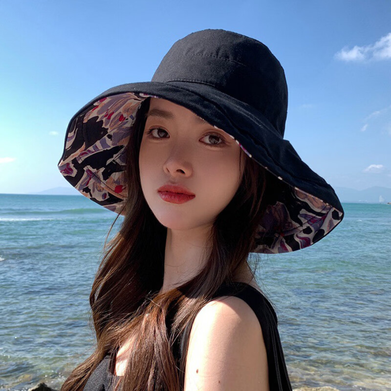 猫人棉双面遮阳渔夫帽女防晒春秋夏季户外出游遮脸大沿太阳帽子可折叠 米色 均码（56-58cm）