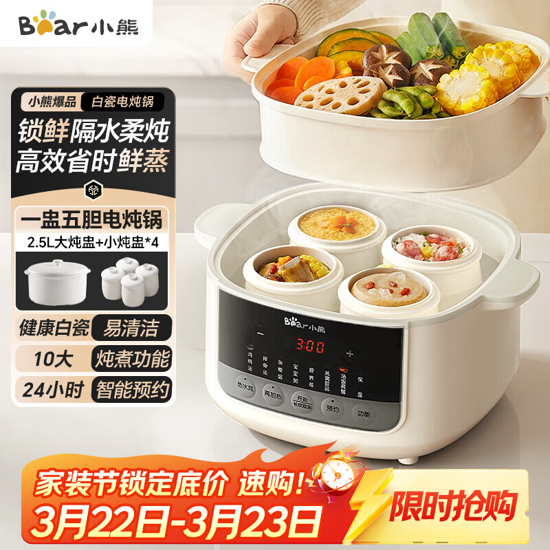 小熊（Bear）电炖盅隔水炖汤盅电炖锅燕窝炖盅煲汤炖汤陶瓷全自动家用3-4人炖煮一体多功能锅4.1L DDZ-J25H5