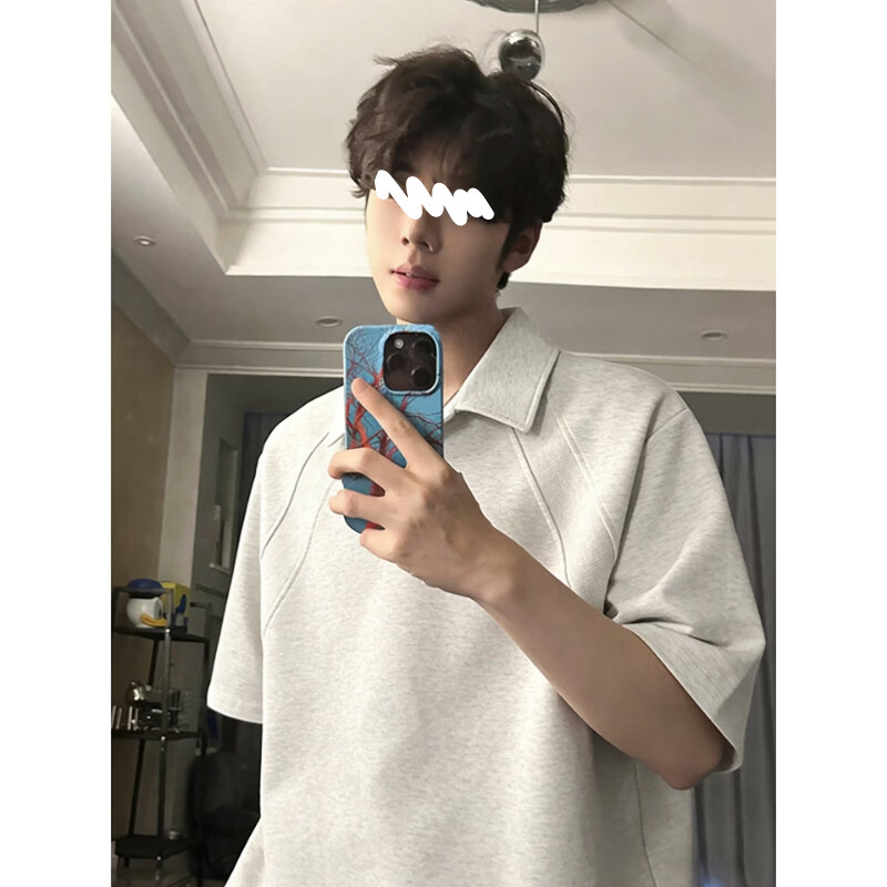 POUM白花灰美式翻领短袖Polo衫男款夏季boxy版型t恤感内搭半截袖 CLF-T212白灰色 XL