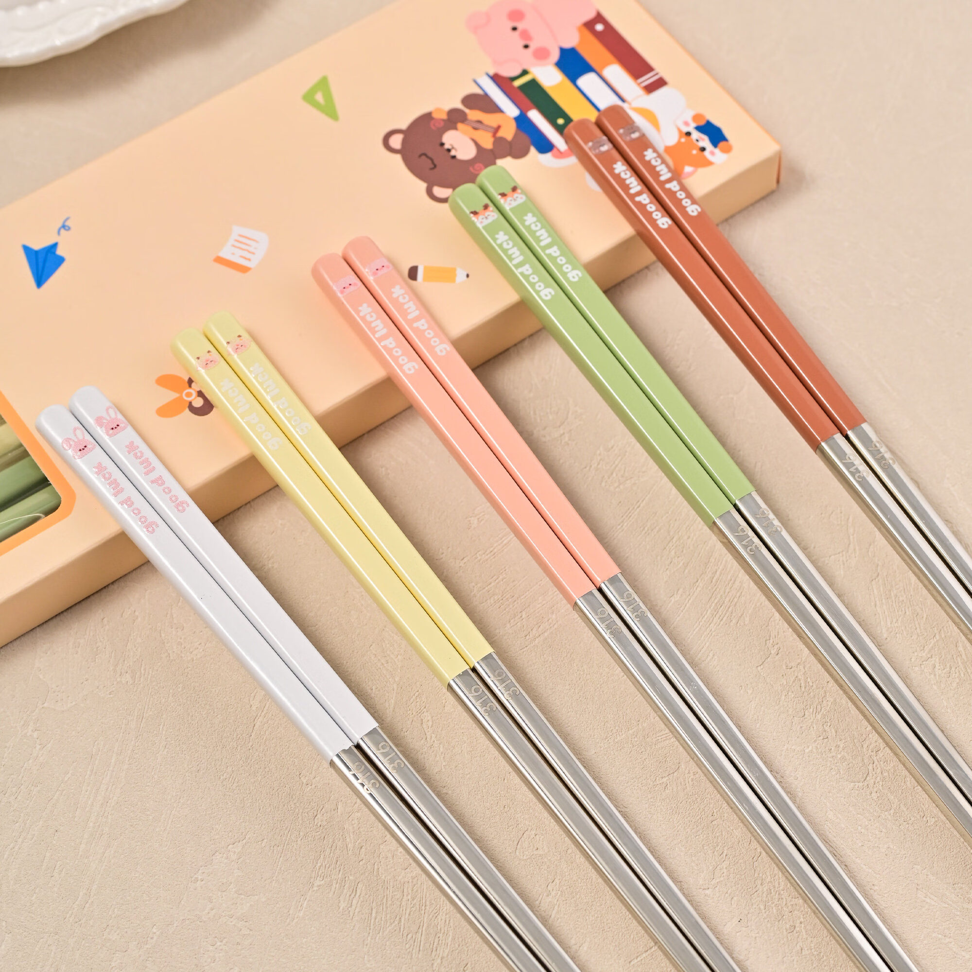 咏幻316不锈钢筷子儿童食品级筷子家用高档抗菌防霉家庭专用防滑餐具 【抗菌316 5双装】动物派对卡通筷