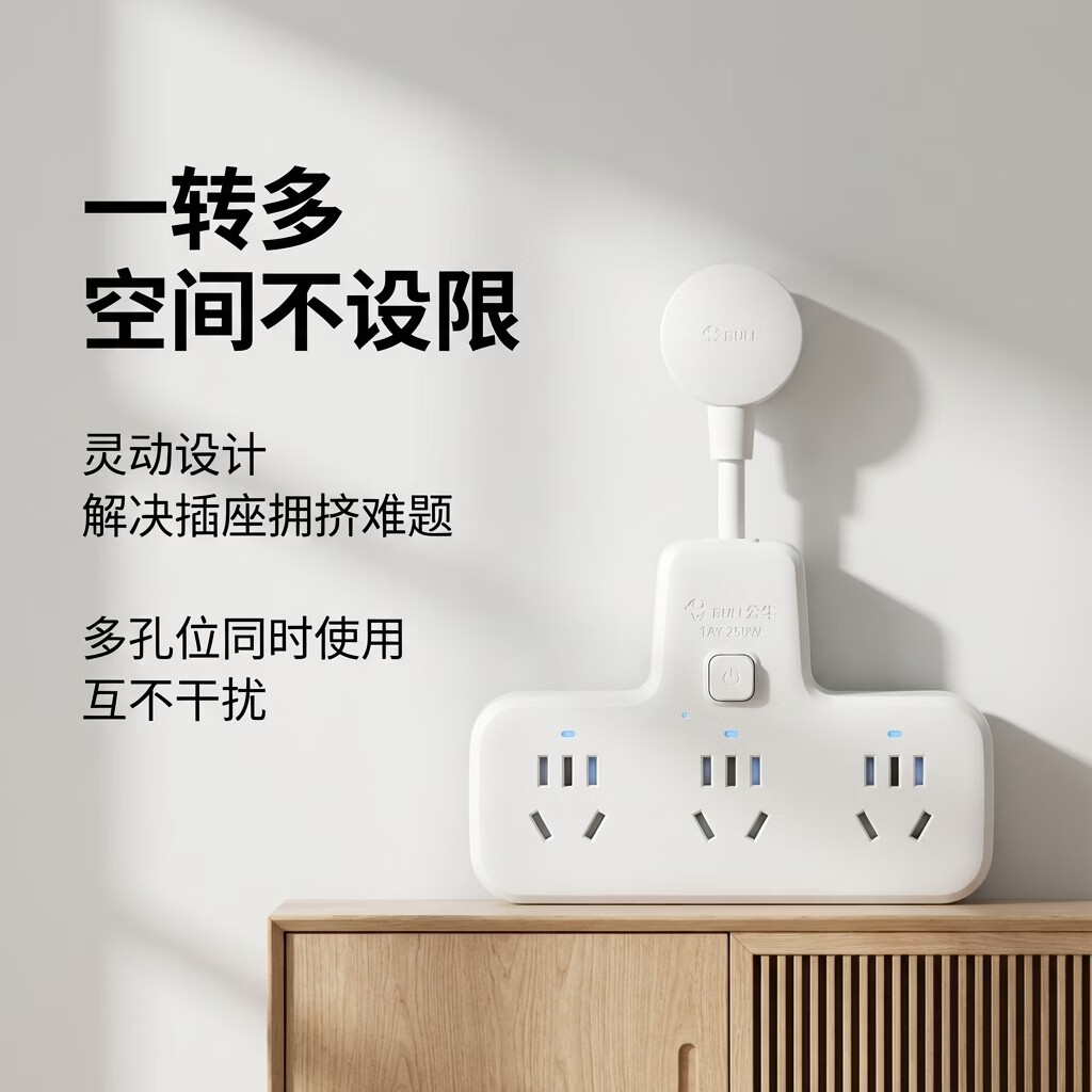 公牛插座转换器柔性短线一转多 家用总控开关墙面扩展不挡孔插排 京东折扣/优惠券
