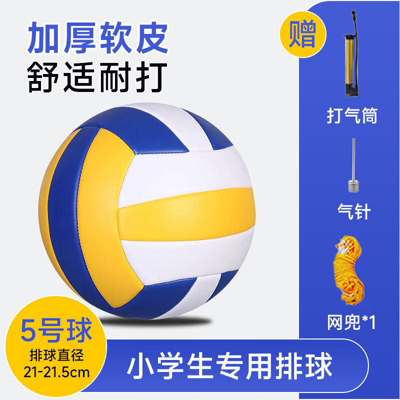 澳颜莱小学生专用排球5号女生标准款软皮气排球初中生中考训练比赛 5号 球升级款-【赠气筒+气针+网袋】蓝黄