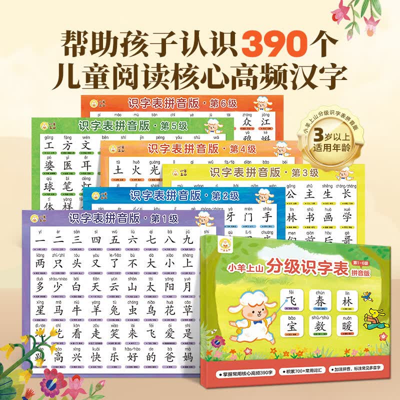 活动专享 小羊上山分级识字表拼音版（第1~6级）语文识字表挂图儿童小学生知识点上册下册生字表认字挂图 小羊上山分级识字表拼音版