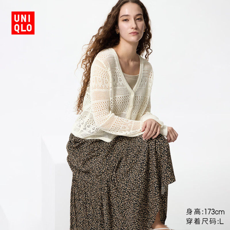 优衣库女装镂空V领针织开衫/毛衣毛衫外套26春夏新款485724 01 乳白色 M
