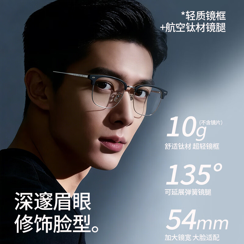 特瞳话纯钛眉线半框近视眼镜框男大框可配度数防蓝光眼镜店配镜近视散光 纯钛镜框-黑银色 【蔡司出品 视特耐】1.56防蓝光HMC+Blue镜片