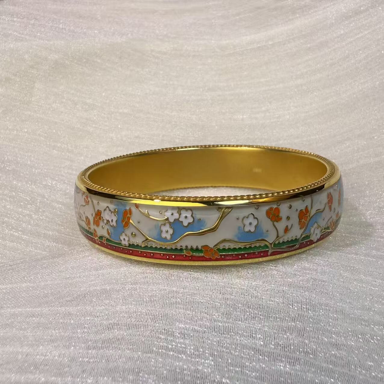 钻之银民族风珐琅彩手镯足银999鎏金拍平工艺 黄色 60圈口约60克