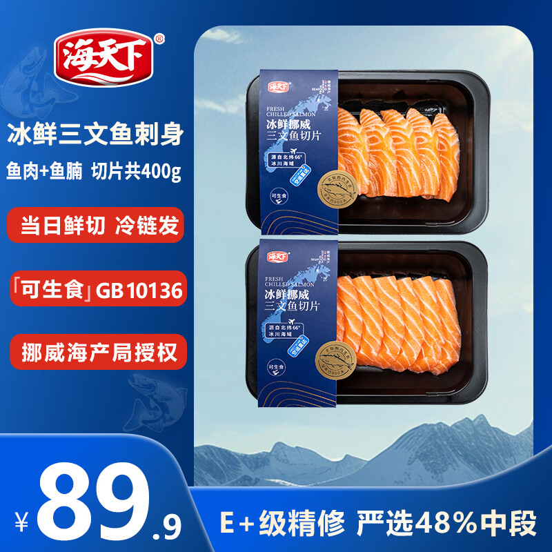 海天下冰鲜挪威三文鱼刺身 双拼切片400g【可生食资质GB10136】源头直发