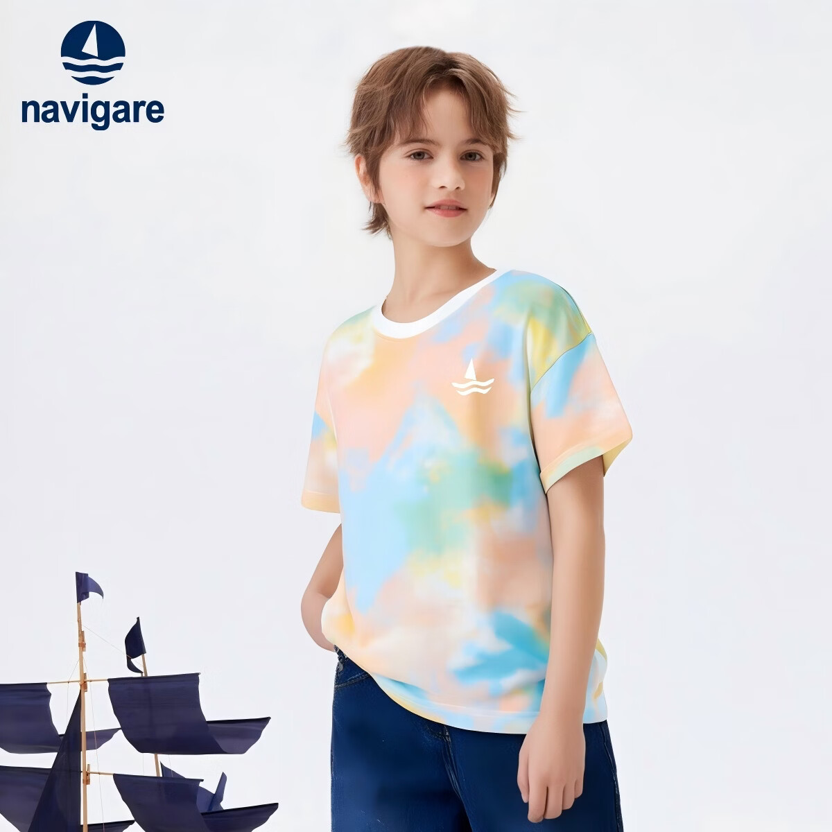 NAVIGARE意大利小帆船童装男童短袖T恤儿童圆领上衣中大童休闲扎染夏新2 黄蓝扎染 120