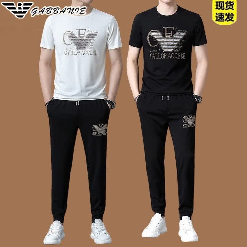 阿玛尼(ARMANI)意大利正品夏季潮流男士运动套装休闲速干跑步冰 丝短袖T恤两件套 十大奢侈品男装国际一线品牌AG_8803款-白色 2XL 180_