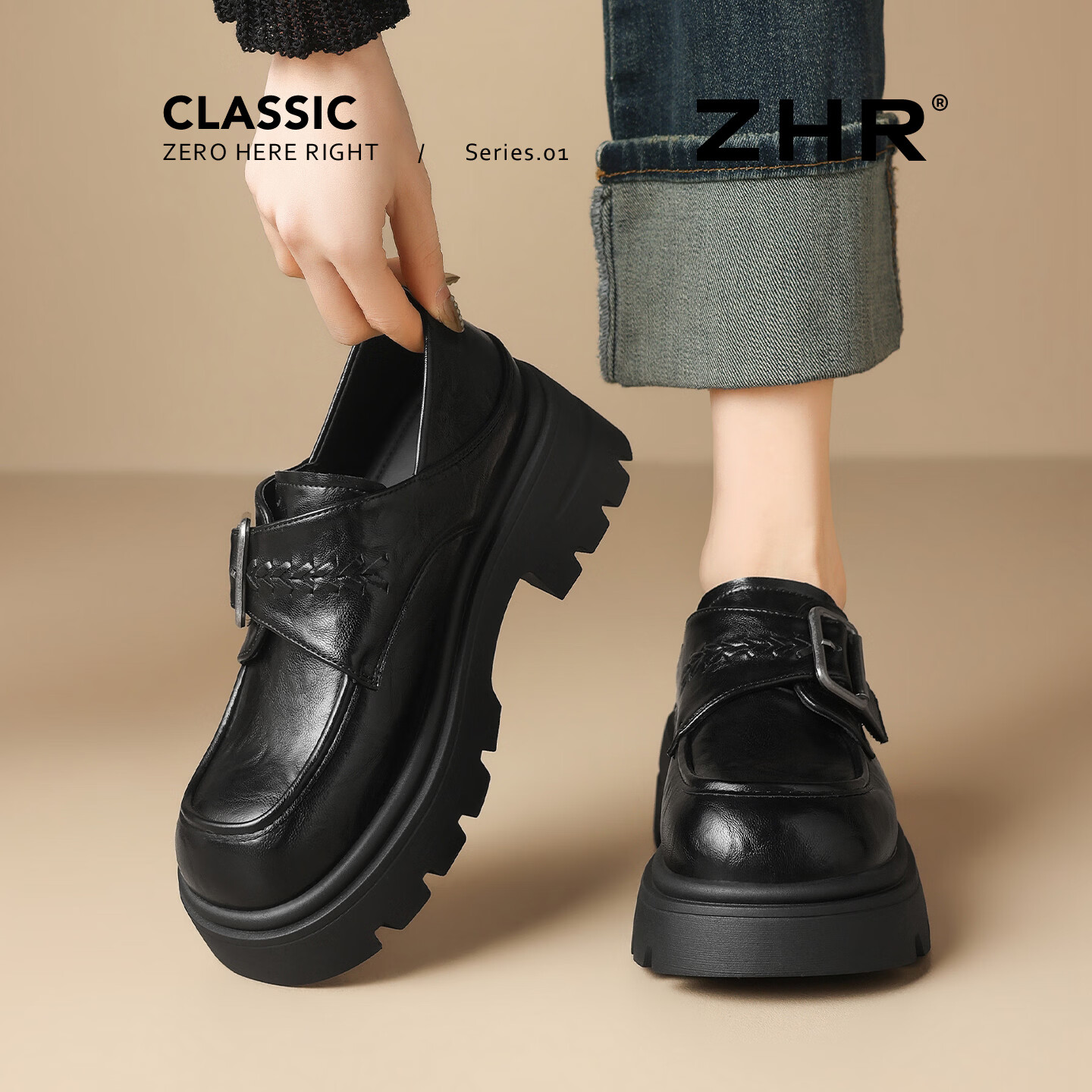 ZHR则则单鞋女2026新款百搭两穿小皮鞋厚底一脚蹬轻便通勤女鞋 黑色 37