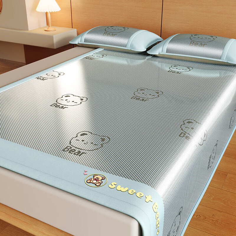 恒源祥凉感藤席A类冰丝凉席卡通刺绣舒适不黏腻学生宿舍床笠床席套件 甜蜜熊-灰绿色【床席款】 单件装180cm*200cm
