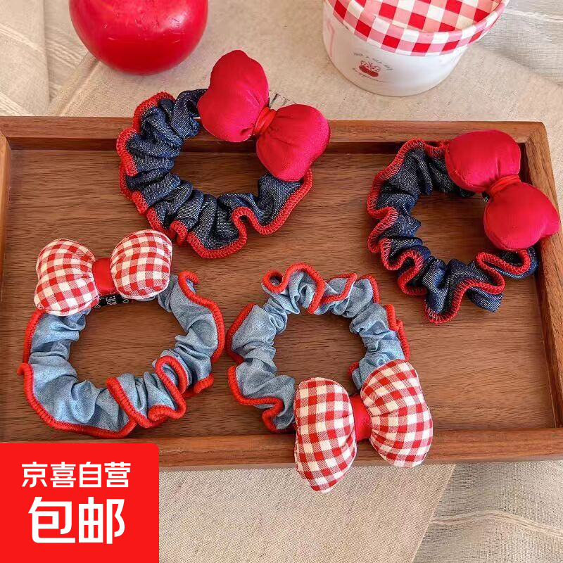 格纹蝴蝶结牛仔小肠发圈女高弹力橡皮筋扎马尾发绳不伤发头绳发饰 红色蝴蝶结小肠圈【随机2个】
