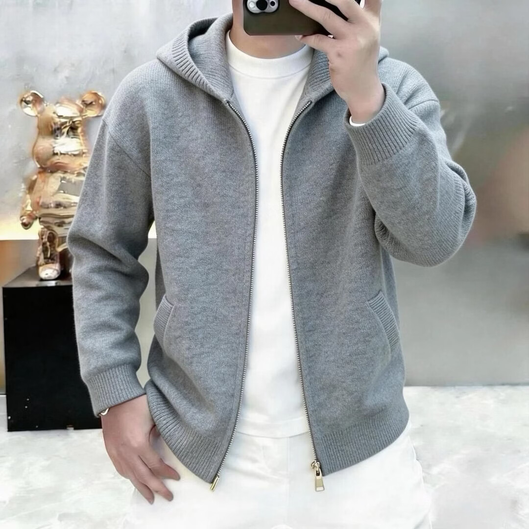【专柜品牌】高档连帽针织开衫男士2026春秋新款时尚百搭外套 淡灰色 【高档轻奢】 3XL 【建议165-180斤】