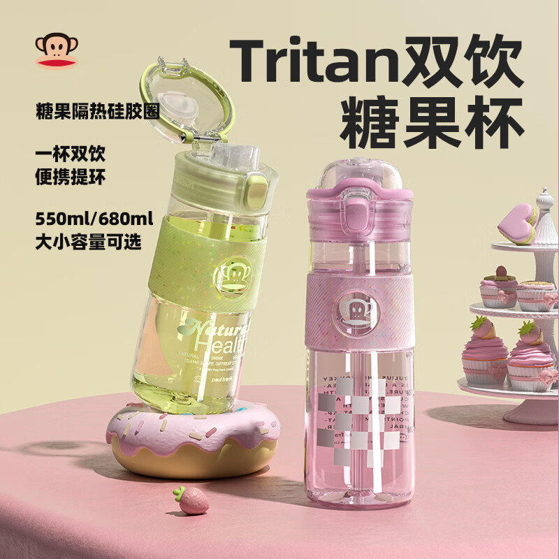 大嘴猴(paul frank)Tritan塑料杯男女生运动水杯大容量学生杯子耐热耐冷高颜值双饮杯 可可椰灰550ml