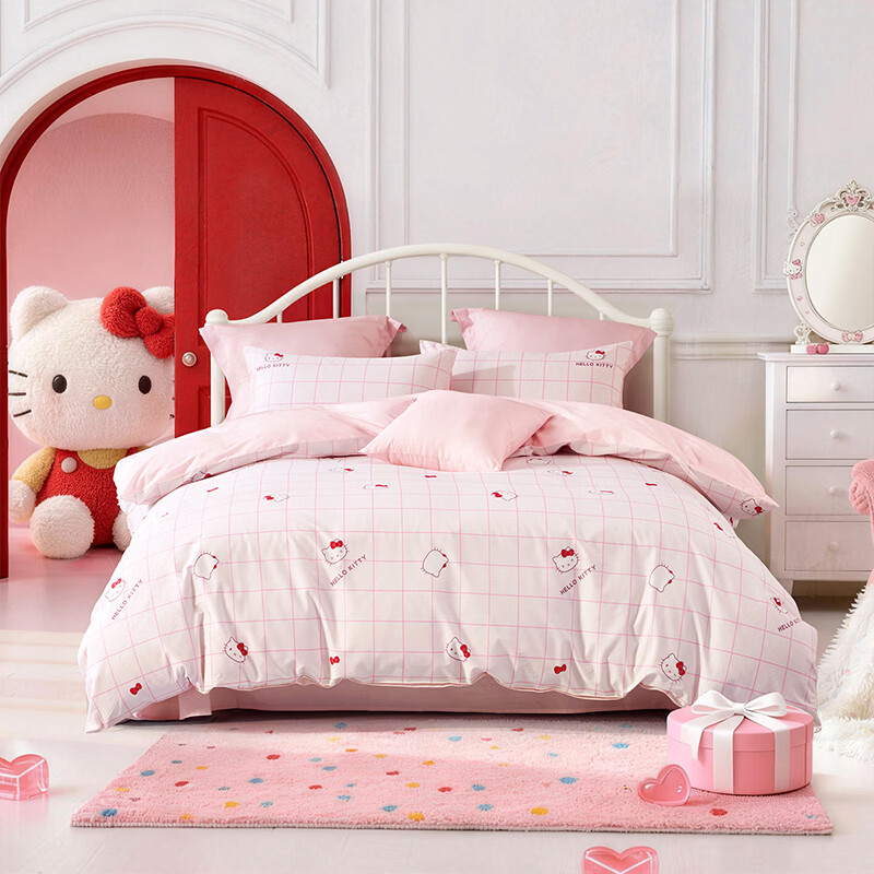 水星家纺四件套床上用品纯棉100%全棉婴幼儿A类儿童学生宿舍26年套件 粉格KT 床单款 （被套150*210cm）