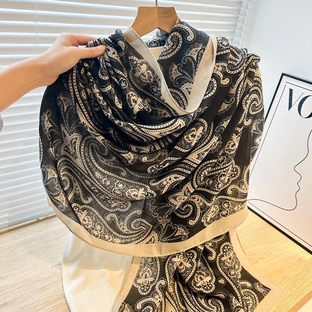 【早春新款】新款丝巾女印花披肩外搭防晒母亲节礼物时尚气质披肩 腰果花-黑色【视频同款】 180x90cm