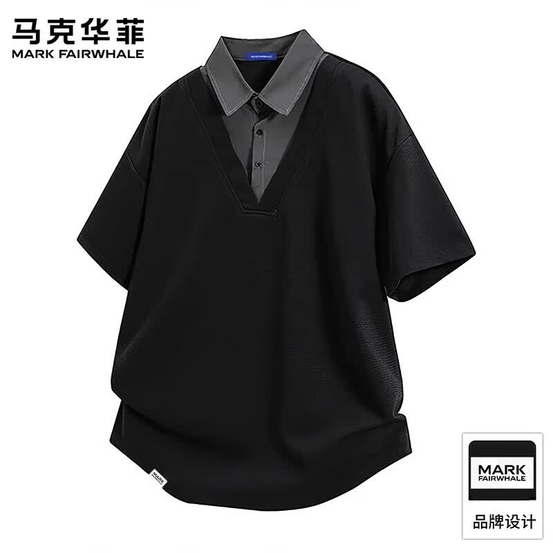 马克华菲（MARK FAIRWHALE）华夫格假两件短袖POLO衫男士夏季新款衬内搭五分半截t恤上衣服装 黑色 【官方正品】 XL 【建议130-145斤】