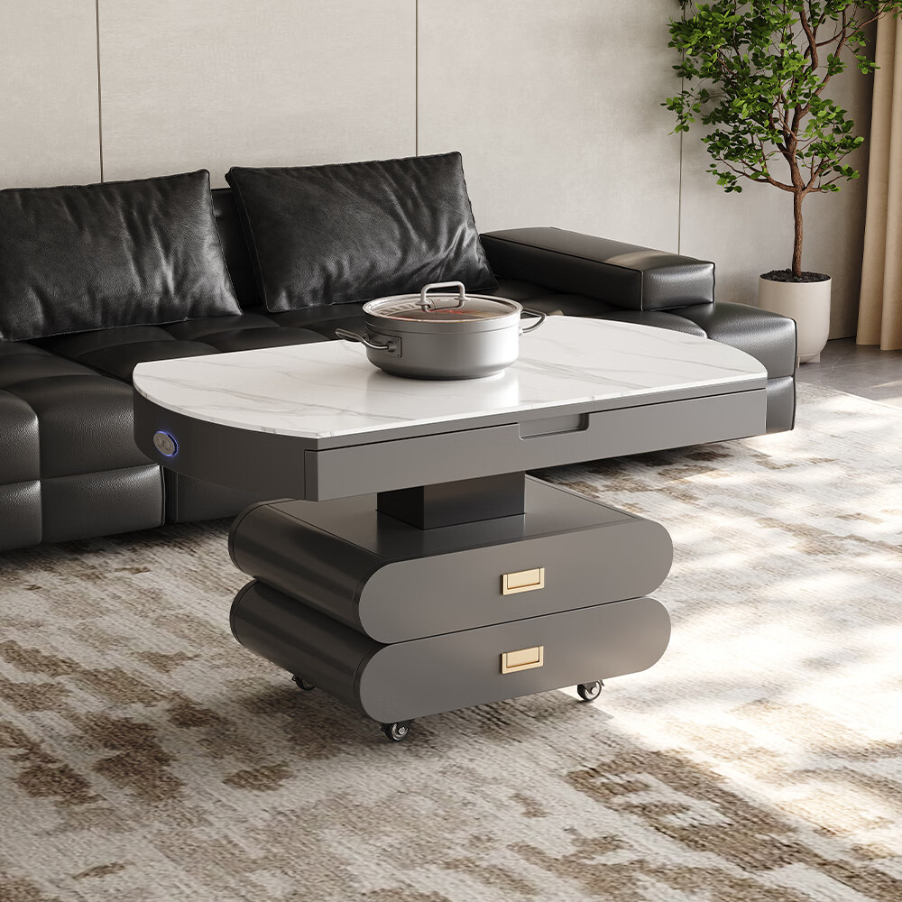 尚闲家具电动升降茶几餐桌两用可变圆一体家用可移动多功能折叠饭桌二合一 1.2米升降茶几 高级灰柜体