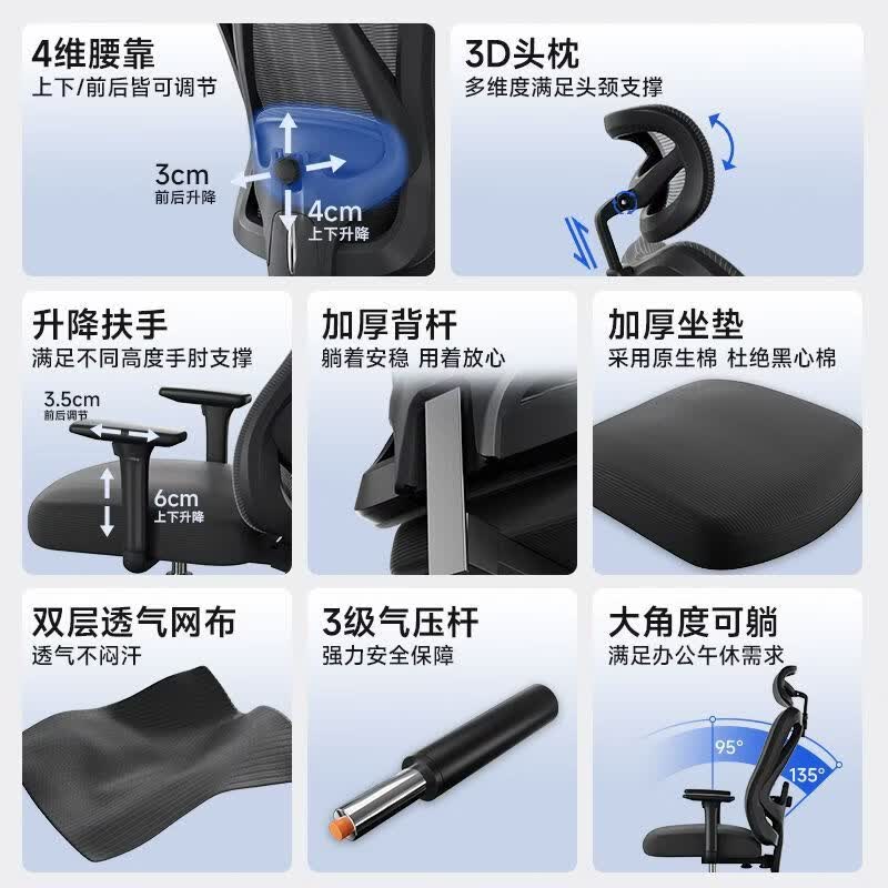 歆漾人体工学椅子护腰电脑椅家用舒适久坐电竞椅子男生可躺办公室座椅 【白框灰网】乳胶坐垫-4D腰托-搁脚-三级气杆 120-155度(含) 可旋转可升降扶手 合金钢脚