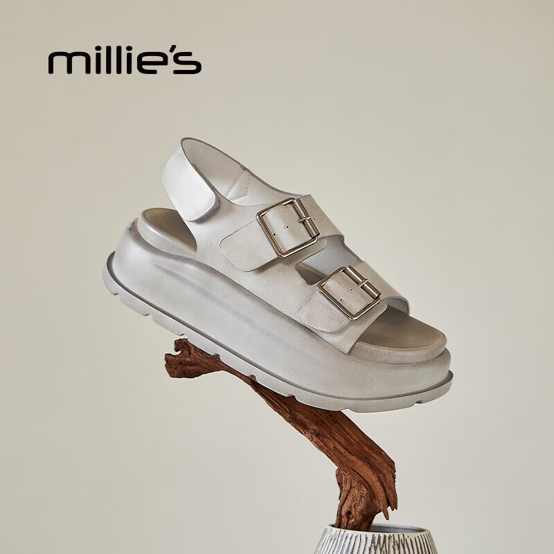 妙丽（Millies）勃肯运动凉鞋女休闲百搭沙滩鞋厚底增高学生2025年夏季新款凉拖 米色 37 (235mm) 标准码