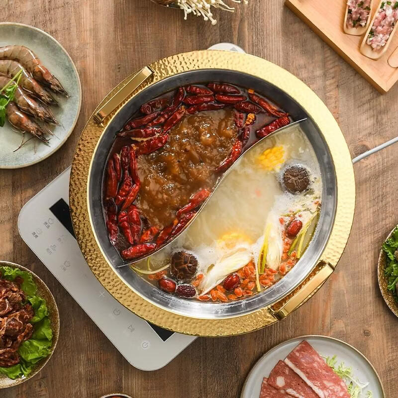 溥畔304不锈钢清汤鸳鸯锅商用无烟火锅下沉式火锅盆高档加厚圆火锅 40cm金色鸳鸯 40cm