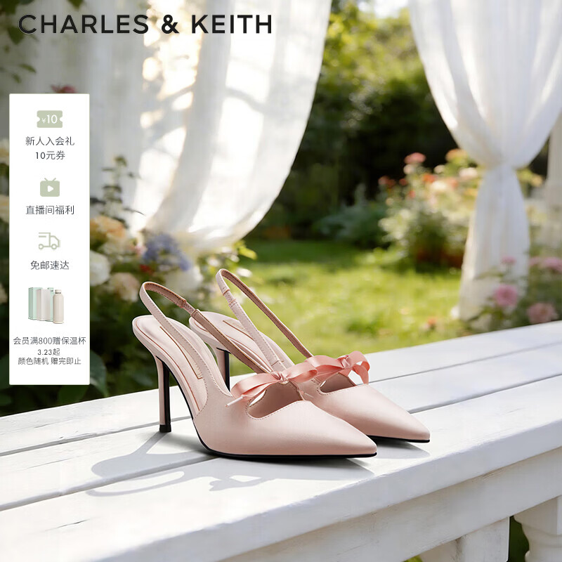 CHARLES&KEITH缎面蝴蝶结尖头高跟凉鞋女生日礼物送女友CK1-60361556 Light Pink浅粉色 36