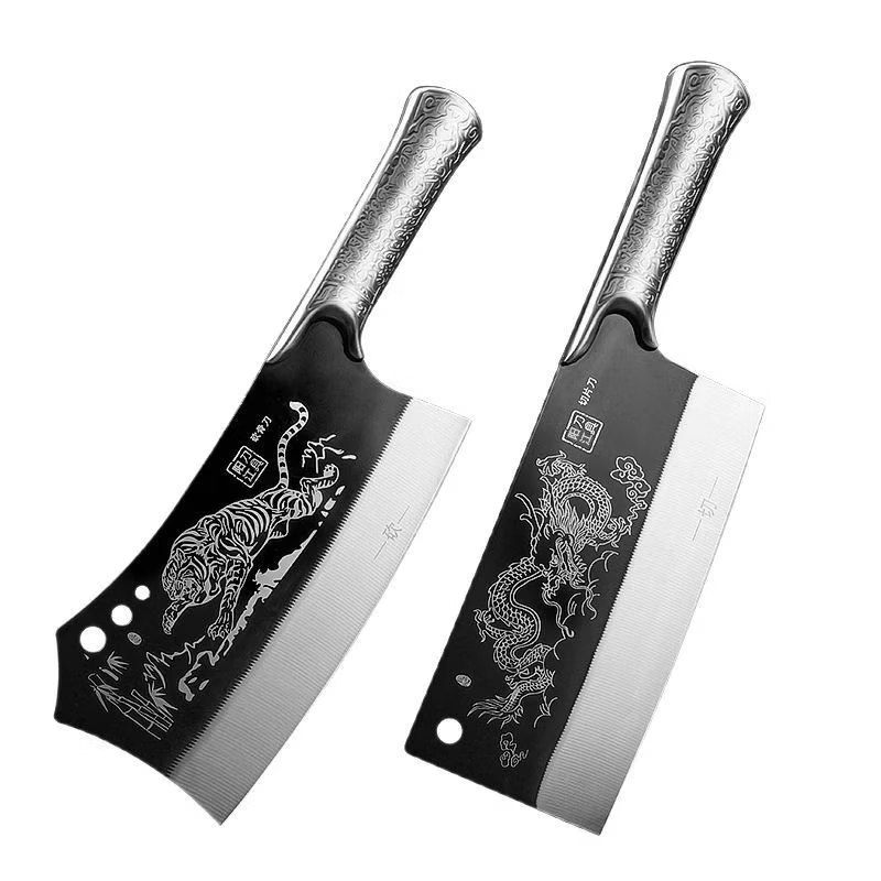 新品炮弹钢砍切刀全钢骨一体刀龙泉菜刀套装厨房家用厨师用刀磨刀 【黑面龙纹】切片刀