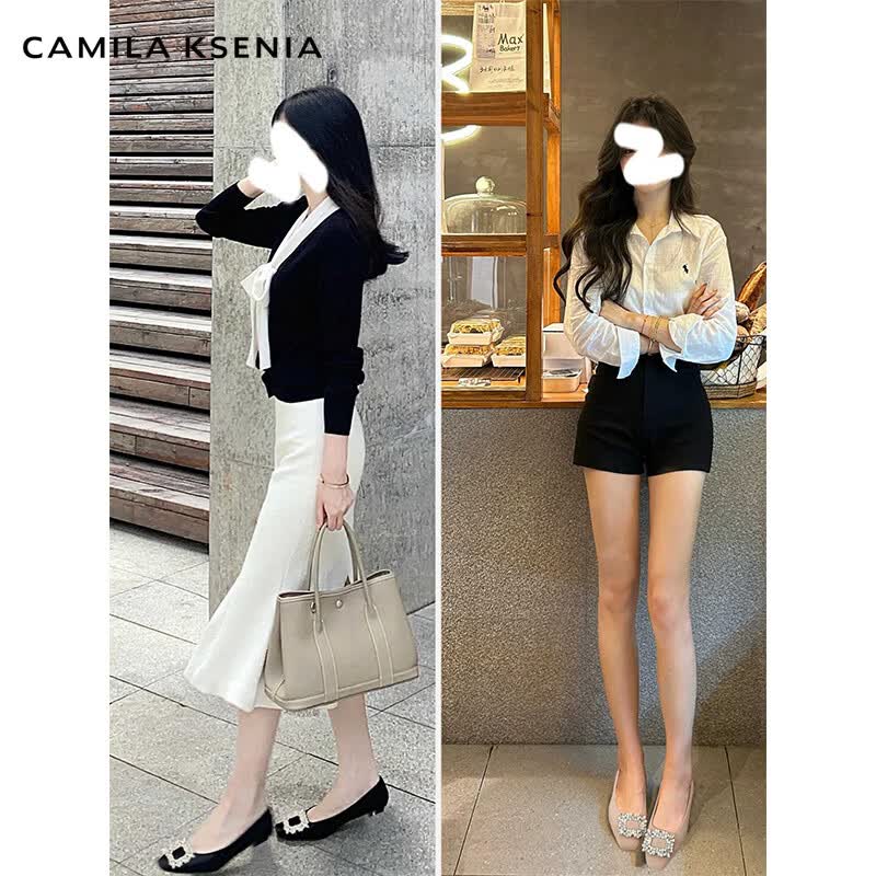 CAMILA KSENIA单鞋女士2026年新款夏季休闲百搭方头小香风平底水钻粗跟晚晚鞋子 奶茶色 37