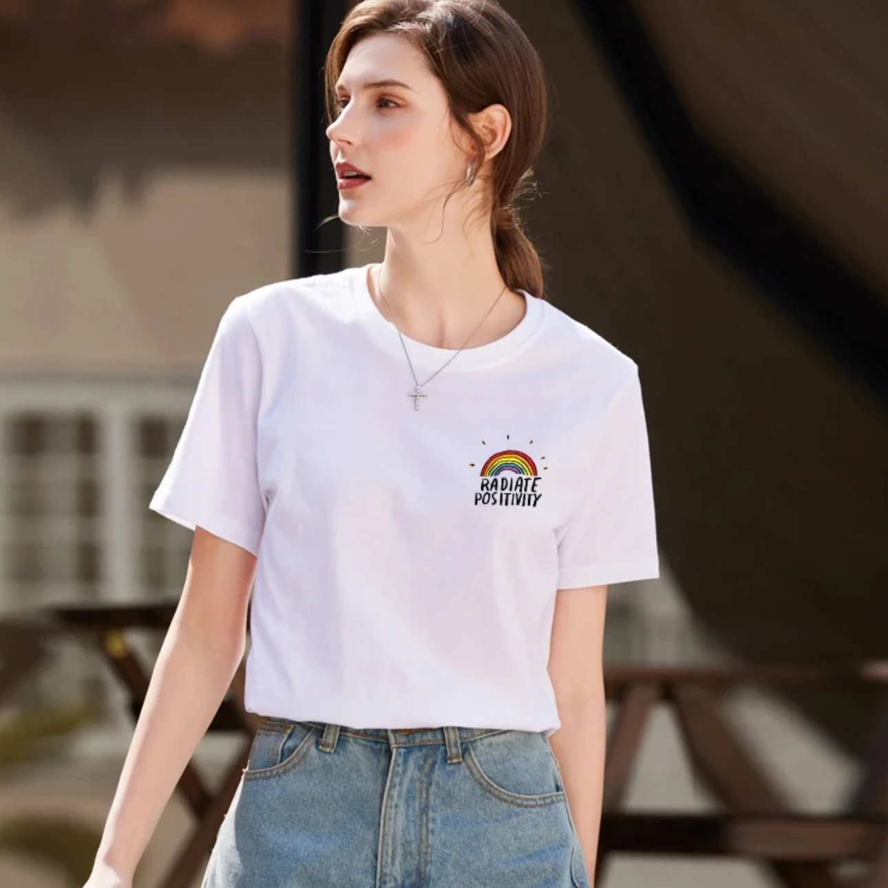 柯诗曼白色短袖T恤女圆领100%纯棉印花男女同款宽松显瘦时尚上衣情侣装 白色彩虹 XL 【125-140斤】