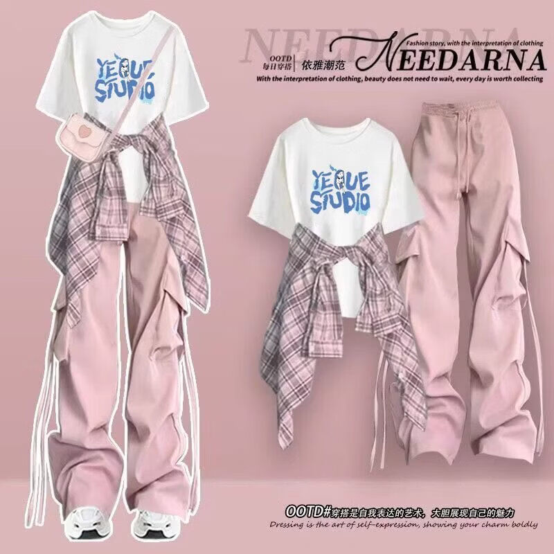 欧颖慕女童运动套装夏季青少年衣服12-16岁女大童短袖衬衫女孩夏装时尚 【三件套】303白色短袖+粉衬衫+粉色工装裤 170 （XL）码【建议120-135斤】