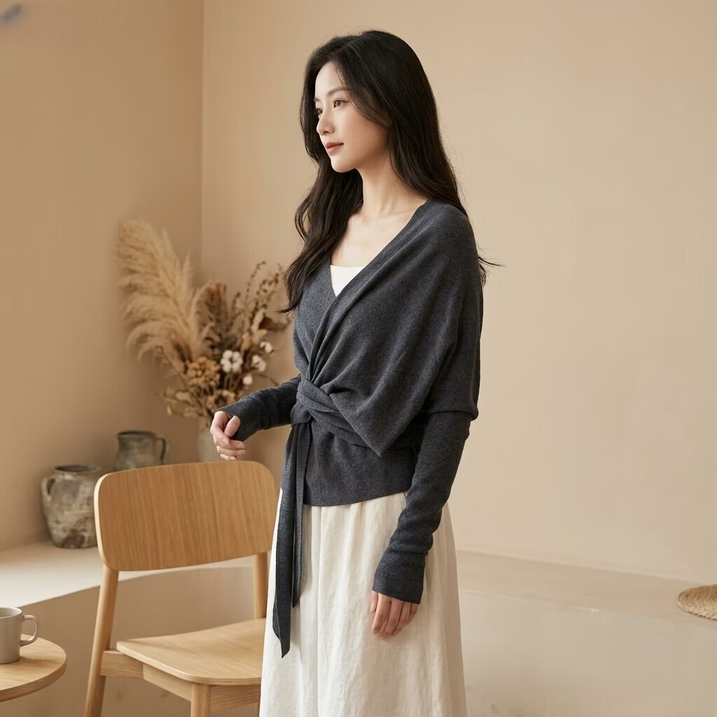 澜度《鹦鹉梨严选》独特外穿V领小衫系带针织衫气质上衣女春款WH8082 烟灰 均码 建议体重（90-130斤） 京东折扣/优惠券