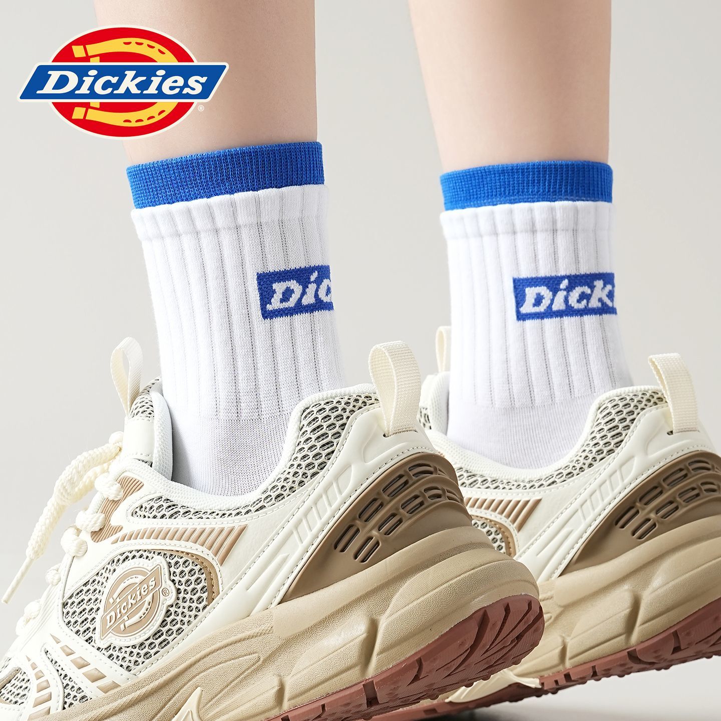 Dickies正品袜子男中筒袜潮牌棉袜运动篮球10A抑菌吸汗双罗口爆款休闲袜 双罗口设计【4双装】白蓝-白蓝-白红-白红 均码 【36-44】Dickies官方正品