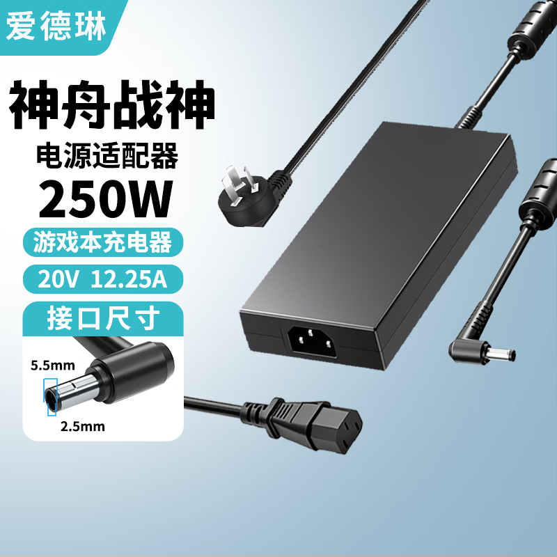 爱德琳 适用神舟战神S8 S9 T8 T9 T10 T11 T12Pro Plus电脑充电器Z7 Z7M Z8D6/R7 G8笔记本电源适配器线 250W 20V12.5A 5.5*2.5 HASEE优雅X5 X6系列游戏本适配器/电池
