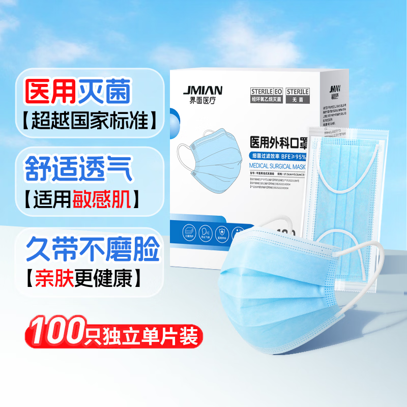 界面医疗一次性医用蓝色口罩灭菌独立包装成人三层防护透气2盒200片