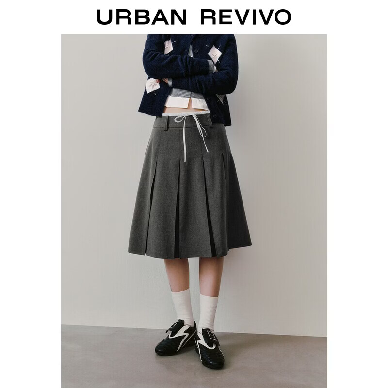 UR2026夏季新款女装休闲学院撞色腰头抽绳百褶半裙UYY560003