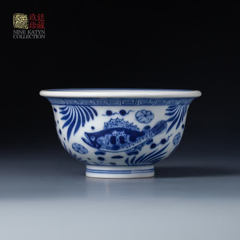 玖廷柴窑青花主人杯永乐压手杯单杯柴烧青花瓷纯手工景德镇茶具陶瓷杯 柴窑青花鱼藻纹压手杯-120ml